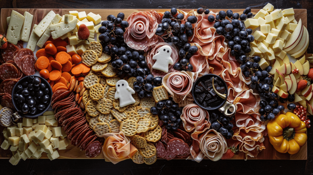 Halloween charcuterie board with dark grapes, meat, crackers, and candy white ghosts. 