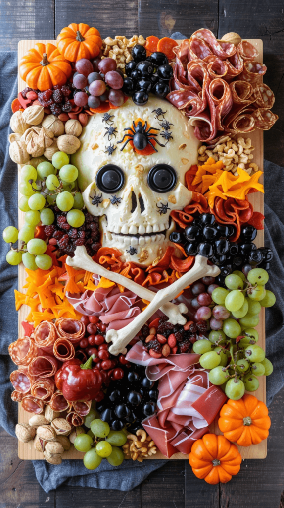 A square charcuterie board with food set up to look like a skull and crossbones. For the skull, use a big round piece of brie or camembert cheese. For the eyes and nose, use black olives. For the crossbones, use slices of prosciutto and salami. Fill the rest of the board with different fruits and nuts.