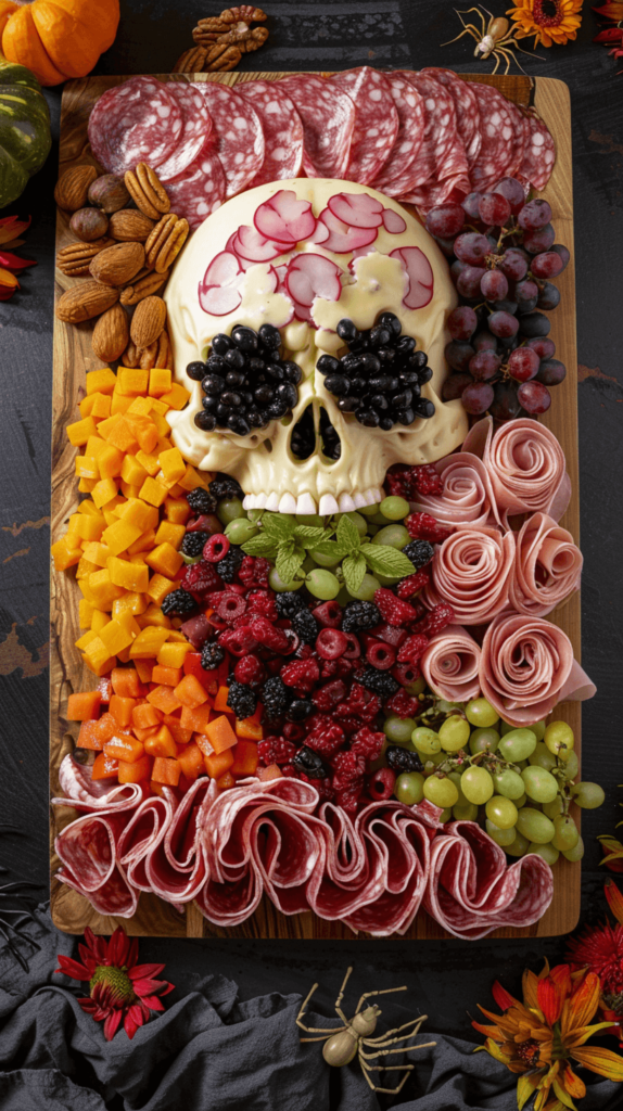 A rectangular charcuterie board with food arranged to resemble a skull and crossbones. Use a large round brie or camembert for the skull, black olives for the eyes and nose, slices of prosciutto and salami for the crossbones, and fill the rest of the board with assorted fruits and nuts.