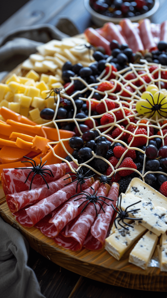 A large round board with cheese, meat, and fruit arranged in the shape of a spider web. Use thin slices of brie and goat cheese for the web strands, clusters of blackberries and grapes for the web filling, and place a few plastic spiders on top for effect.