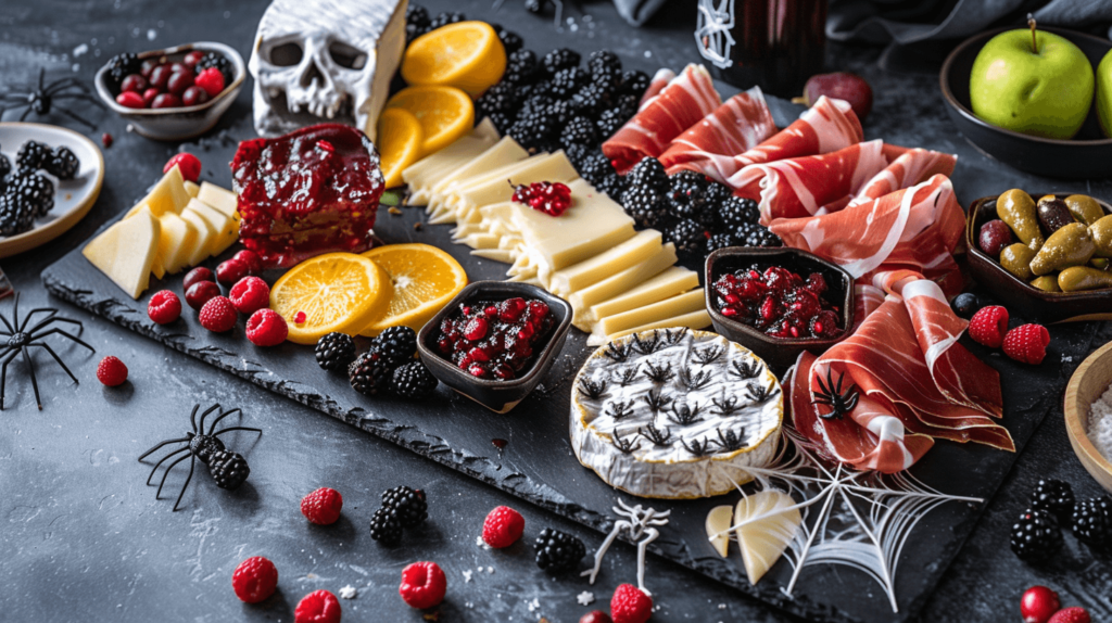 A large slate board featuring brie topped with cranberry jam, goat cheese rolled in black pepper, prosciutto draped like ghostly figures, blackberries, raspberries, and apple slices dipped in lemon juice. Add a touch of spider webs made from thin strings of melted marshmallow and small plastic skeletons.