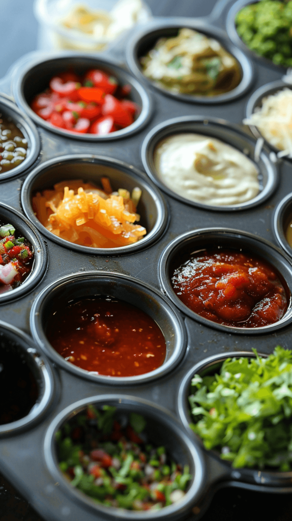 A muffin tin used as a condiment holder, each cup filled with different sauces and toppings, displayed neatly on a table during a barbecue or party.
