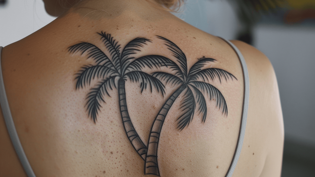 two palm trees on back of woman, tattoo mom and daughter