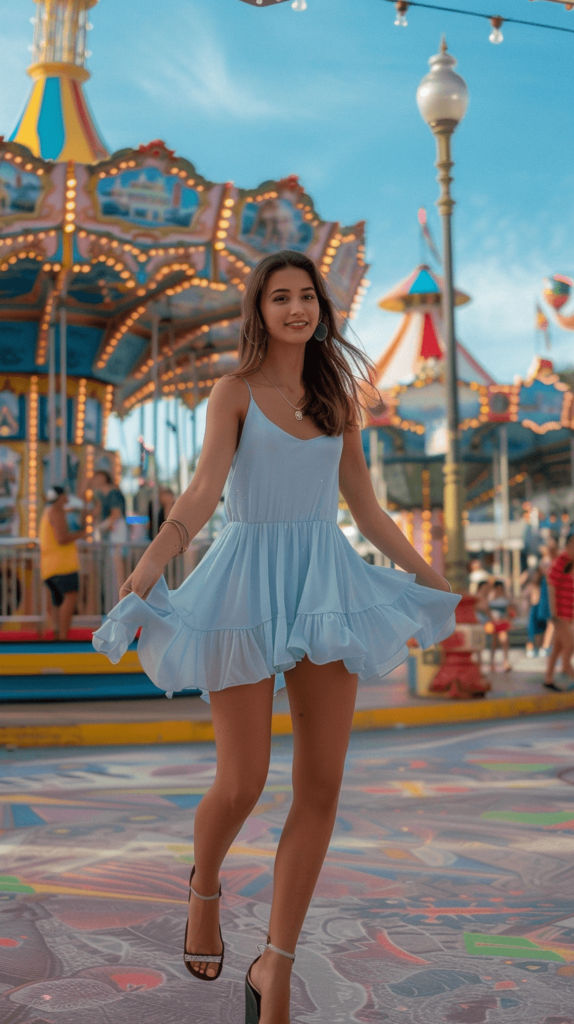 Woman dressed as Elsa in a simple blue sun dress