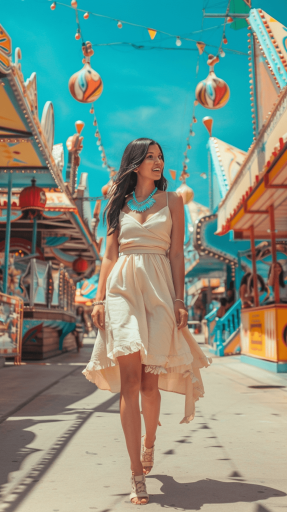 woman in a beige tank dress with turquoise necklace; Disney bound outfits