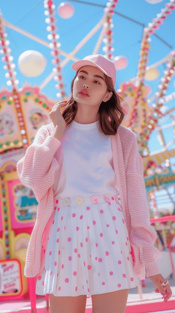 woman in a white top, pink cardigan, white and pink skirt and pink ball cap