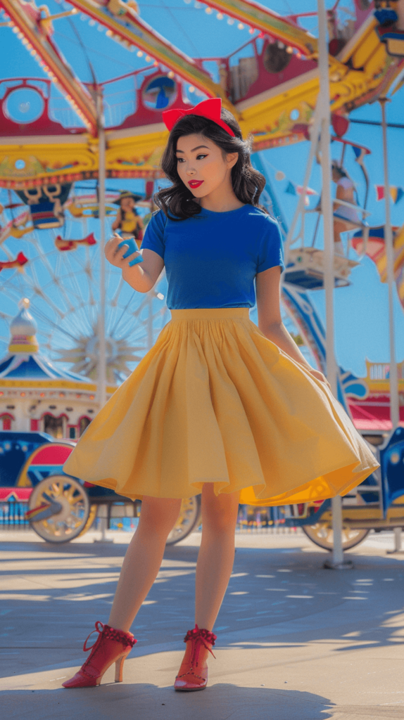 Asian woman in a blue top, yellow flair skirt, red bow, and red shoes; Disney bound outfits