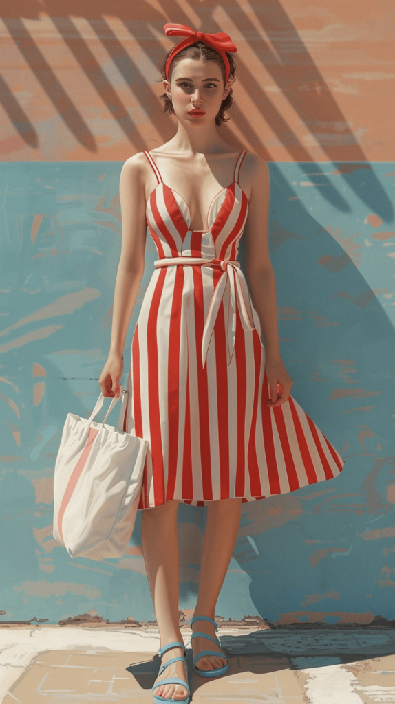 A woman in a red and white striped dress with a fitted waist, blue flip-flops, a red headband, and a white tote bag.


