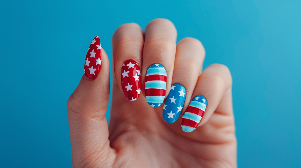 A realistic photo of a human hand with five fingers, each nail painted with a simple stars and stripes design in red, white, and blue. 4th of July nails.