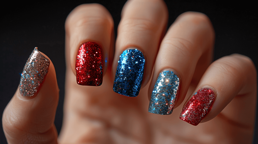 A realistic photo of a human hand with five fingers, each nail covered in red, white, and blue glitter polish.