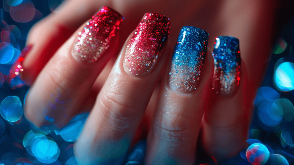 A realistic photo of a human hand with four fingers and a thumb, each nail featuring a red, white, and blue ombre gradient.

4th of july nails