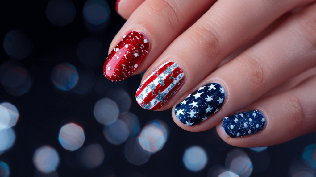 A realistic photo of a human hand with four fingers and a thumb, each nail covered with patriotic nail wraps in red, white, and blue designs.

4th of July nails