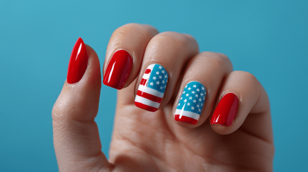 A realistic photo of a human hand with four fingers and a thumb, all nails painted solid red except for two accent nails featuring an American flag design.

