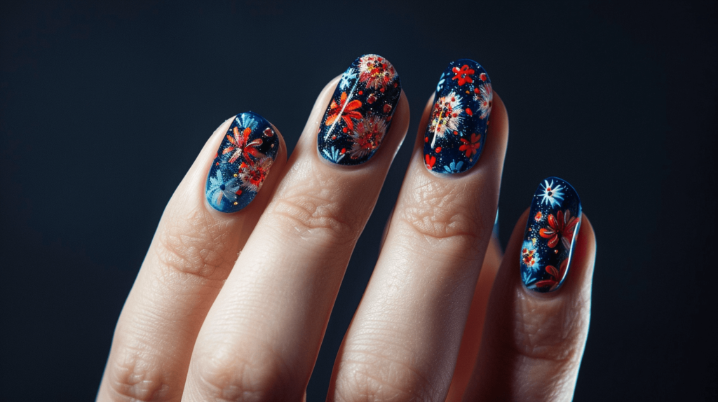 A realistic photo of a human hand with five fingers, each nail featuring floral fireworks in red, white, and blue on a dark base.





