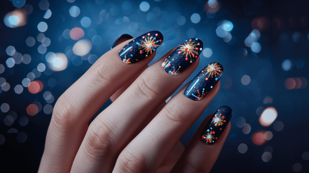 A realistic photo of a human hand with five fingers, each nail decorated with hand-painted fireworks on a dark blue base.