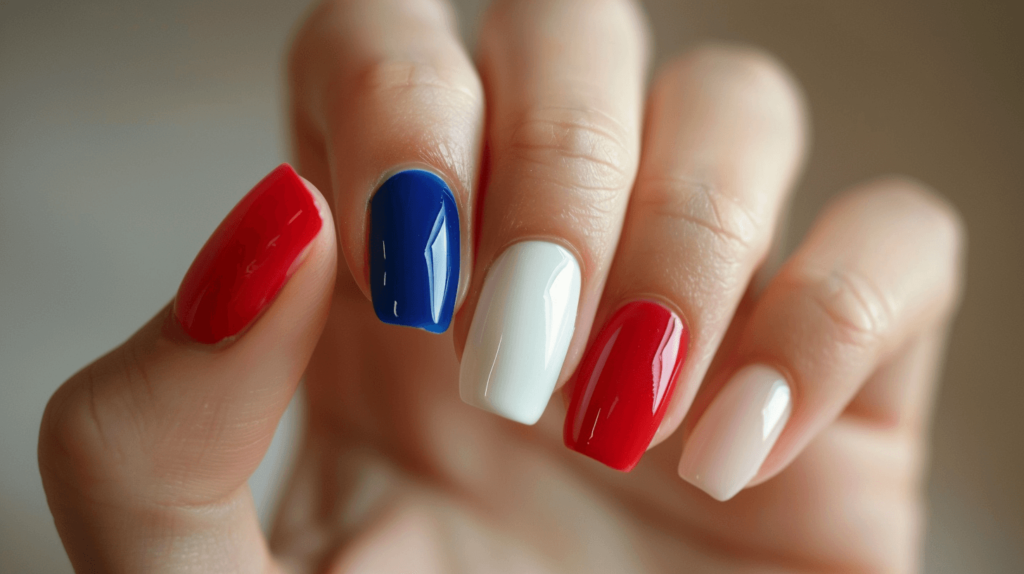 A realistic photo of a human hand with five fingers, each nail painted solid red, white, and blue in bold and bright colors.

4th of July nails