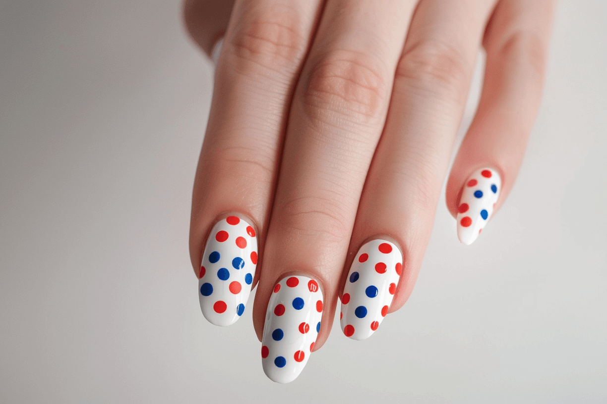 A realistic photo of a human hand with five fingers, each nail featuring polka dots in red, white, and blue on a white base.