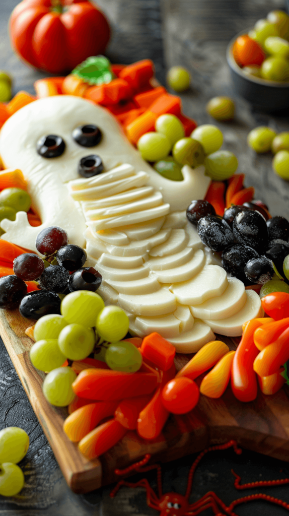 A charcuterie board shaped like a ghost, with rectangular pieces stacked on it. For the ghost's body, use slices of white cheddar and mozzarella. For the eyes and mouth, use black olives. For the edges, use clusters of grapes and berries. And for the underside, use gummy worms. 
