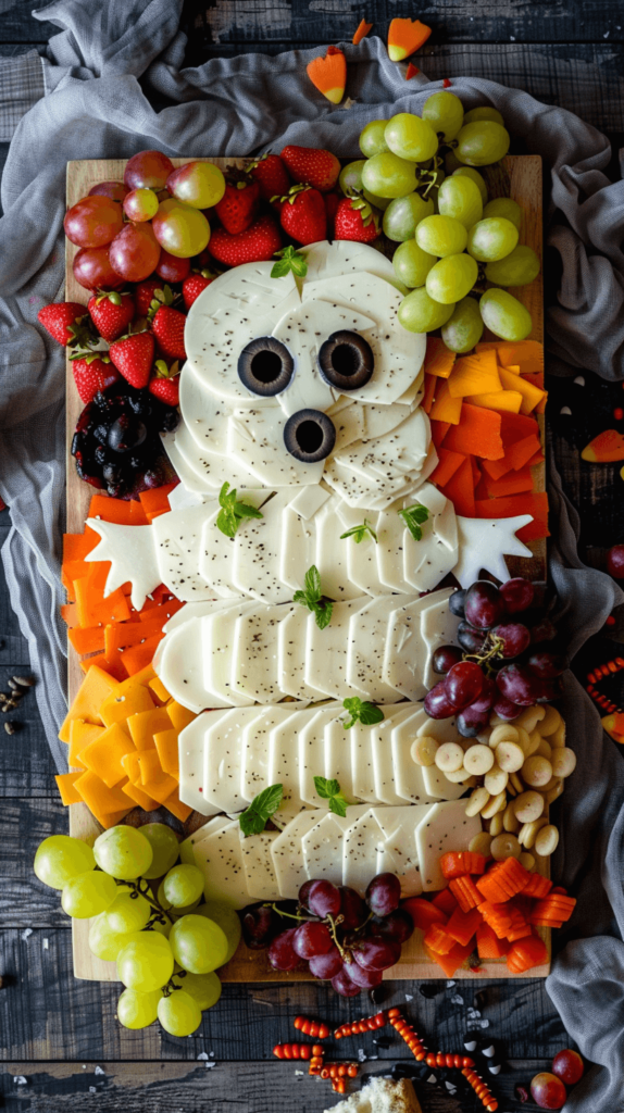 A rectangular charcuterie board with food arranged in the shape of a ghost. Use white cheddar and mozzarella slices for the ghost's body, black olives for the eyes and mouth, clusters of grapes and berries around the edges, and gummy worms crawling out from underneath.