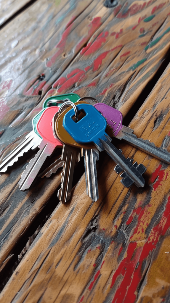 A set of keys on a table, each key marked with a different color of nail polish, making them easy to identify at a glance. Simple life hacks. 
