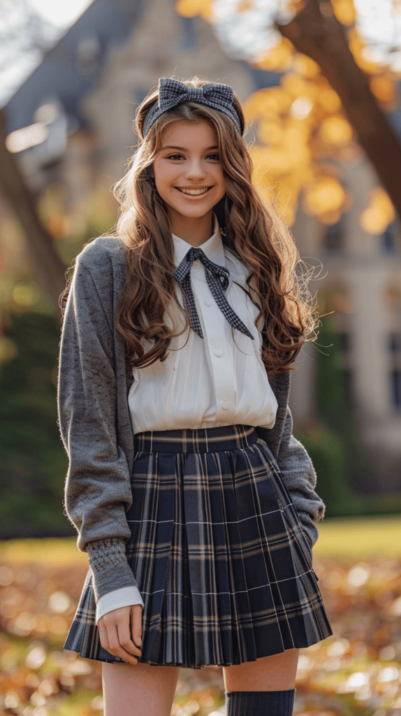 A stylish teen girl smiling and wearing a plaid pleated skirt paired with a white collared blouse and a fitted cardigan. She completes the look with knee-high socks, loafers, and a headband, showcasing the classic preppy style