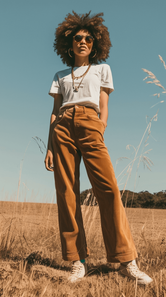 A stylish teen girl wearing a vintage-inspired outfit featuring wide-leg corduroy pants, a tucked-in band tee, and platform sneakers. She accessorizes with retro sunglasses and layered necklaces
