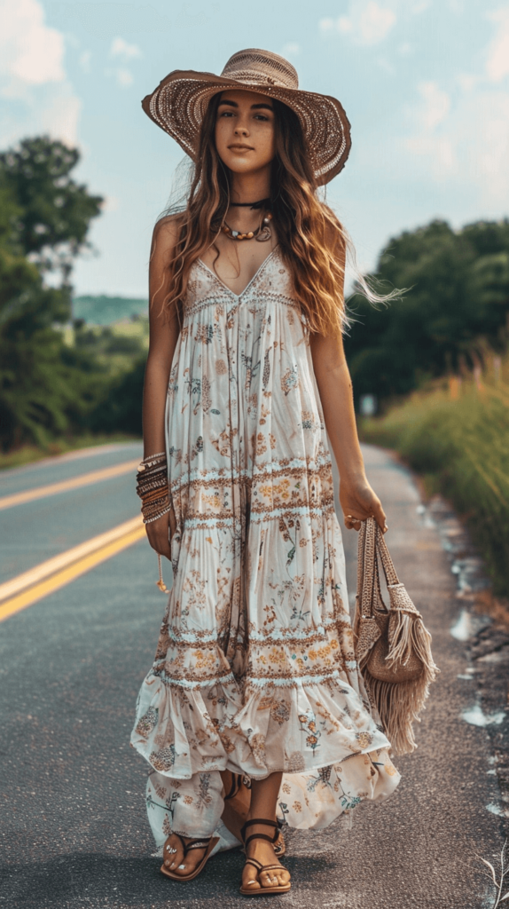 A teen girl embracing the 2024 boho trend with a flowy maxi dress adorned with floral prints, paired with strappy sandals and a wide-brimmed hat. She adds a touch of bohemian flair with a fringe bag and layered bracelets. 