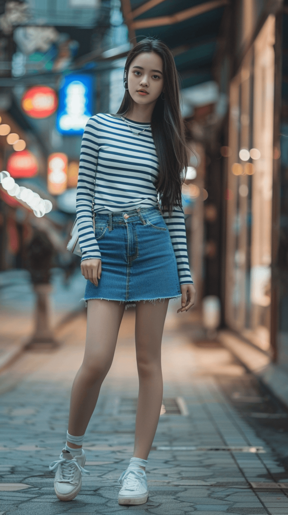 A teen girl wearing a denim skirt paired with a simple striped long-sleeve top. She finishes the look with white sneakers and a crossbody bag, capturing a casual yet polished style; school outfits