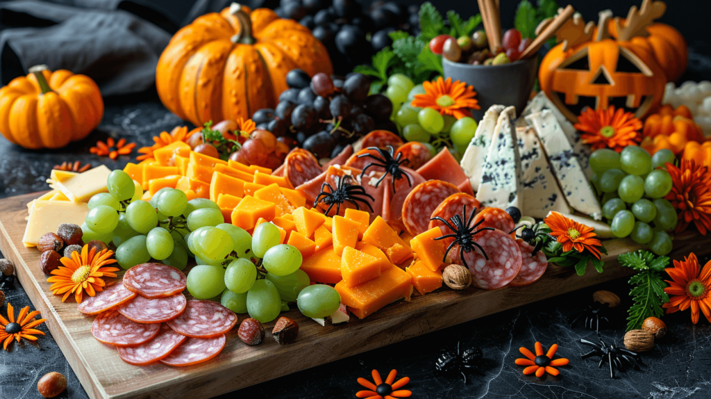 A traditional wooden charcuterie board with cheddar cheese cut into spooky shapes, pepperoni slices, clusters of green and purple grapes, dried apricots, and assorted nuts. Decorate with mini gourds and marigolds, with gummy spiders crawling around the board.