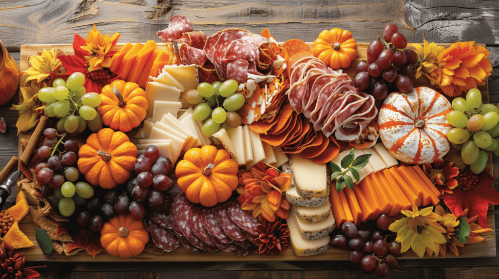 Halloween charcuterie board with meats, cheese, grapes, and mini pumpkins. 