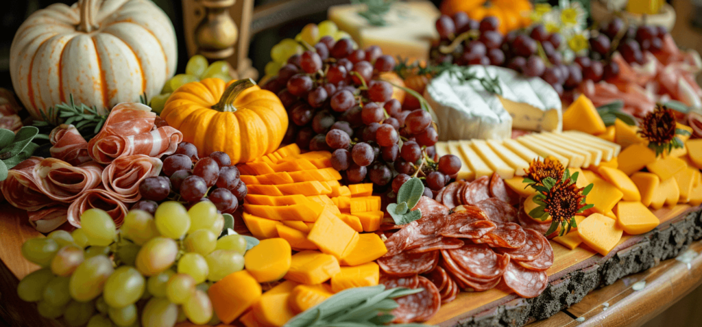 A traditionally shaped wooden board with an assortment of cheeses, meats, fruits, and sweets. Include cheddar and Gouda cut into pumpkin shapes, clusters of grapes, slices of cured meats, and chocolate-covered pretzels. Decorate with mini pumpkins and edible flowers for a festive touch.