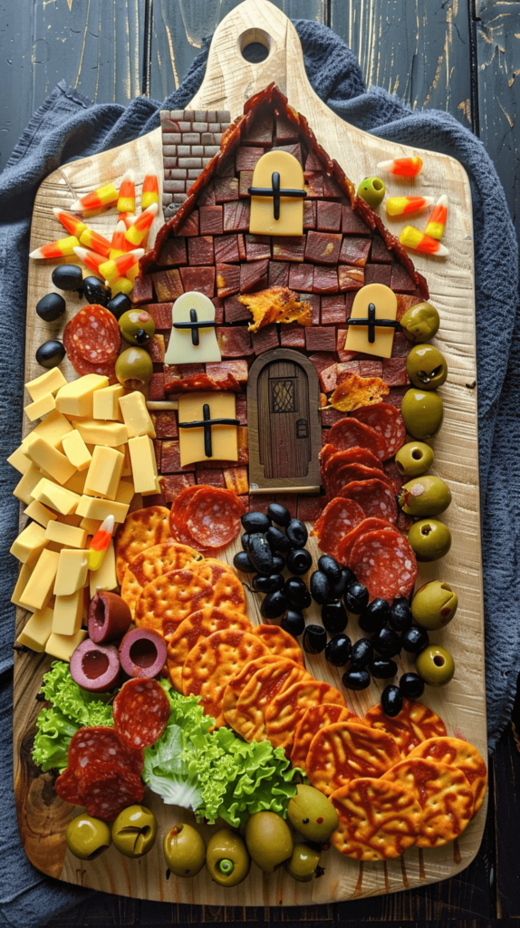 A traditionally shaped wooden board with food arranged to look like a haunted house. Use rectangular pieces of cheese for the house structure, slices of pepperoni for the roof tiles, black grapes and olives for windows and doors, and candy corn for the spooky pathway.