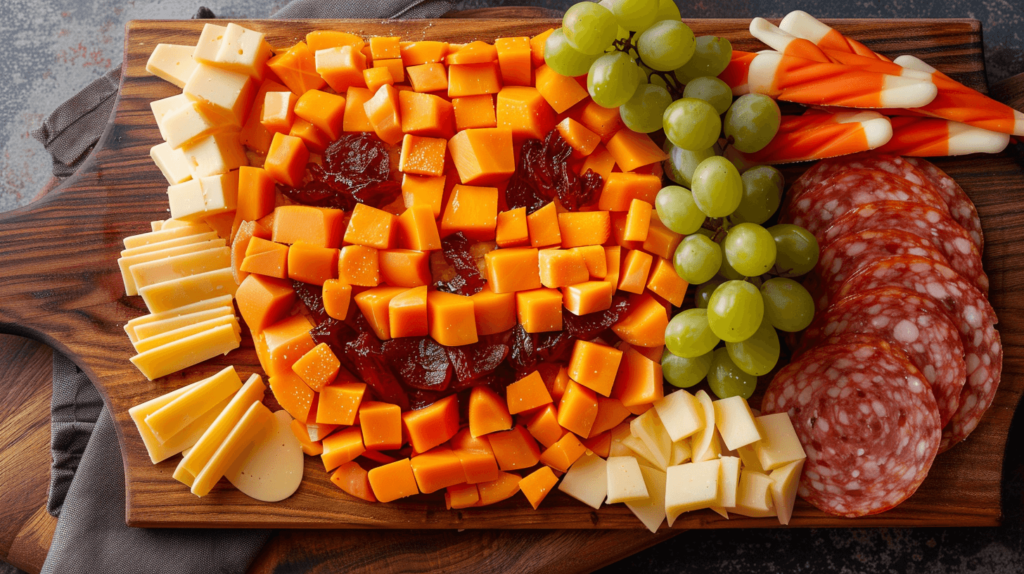 A charcuterie board in the classic shape of a jack-o'-lantern, with the meats and other ingredients laid out in a spooky fashion. Make the eyes and nose out of cheddar cheese slices, the mouth out of salami slices, the backdrop out of clusters of grapes, and the edges adorned with candy corn.