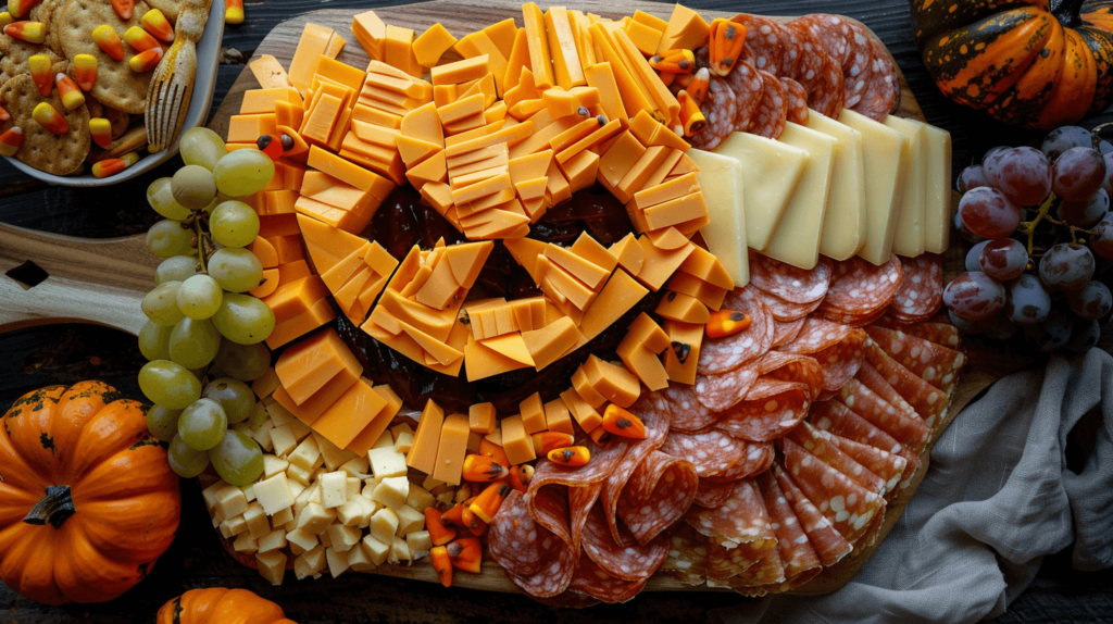A traditionally shaped wooden charcuterie board with food arranged to create a jack-o'-lantern face. Use slices of cheddar cheese for the eyes and nose, salami slices for the mouth, clusters of grapes for the background, and sprinkle candy corn around the edges.