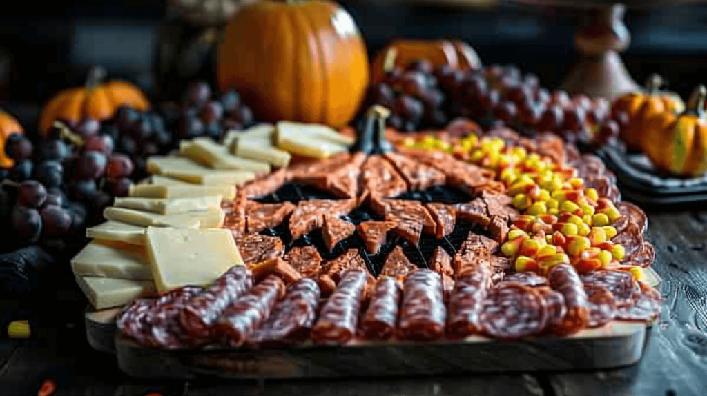 A classic charcuterie board made of wood with food arranged to look like a pumpkin face. For the eyes and nose, use slices of cheddar cheese. For the mouth, use slices of salami. For the background, use clusters of grapes. And for the sides, sprinkle candy corn.