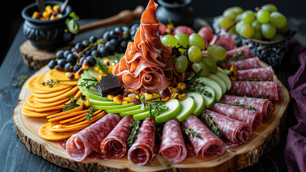 A traditionally shaped wooden charcuterie board with food arranged to form the shape of a witch's hat. Use slices of cheddar and Gouda cheese to create the wide brim of the hat. Arrange slices of salami and prosciutto to form the pointed top of the hat. Fill in with clusters of black and green grapes, apple slices, and dark chocolate truffles to add texture and variety. Include Halloween-themed cookies to enhance the festive look. Decorate the brim with small plastic witch hats and broomsticks, and place a toy cauldron filled with candy corn and gummy worms at the base of the hat.