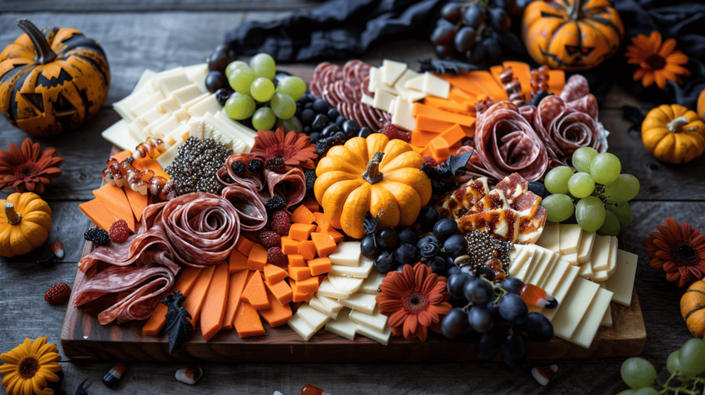 A traditionally shaped wooden charcuterie board with a variety of cheeses cut into bat and pumpkin shapes, slices of salami arranged in a rose pattern, clusters of black and green grapes, and dark chocolate squares interspersed with gummy worms and candy corn. Decorate with mini pumpkins and edible flowers. 