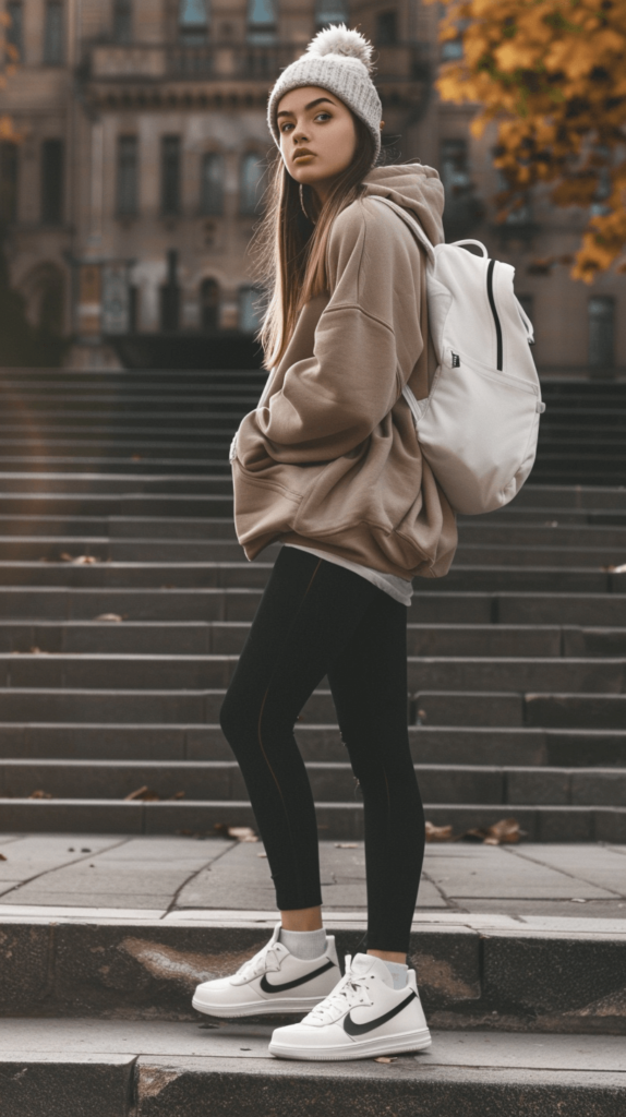 A trendy teen girl in an oversized hoodie paired with black leggings and white high-top sneakers. She completes the look with a casual backpack and a simple beanie, capturing the effortlessly cool and comfortable style