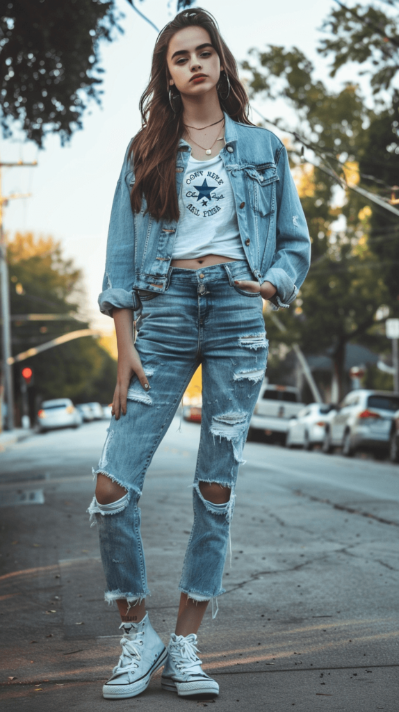 A trendy teen girl in ripped high-waisted jeans paired with a fitted graphic tee. She completes the look with a pair of Converse sneakers, a denim jacket, and a simple pendant necklace, embodying the effortlessly cool style; school outfits