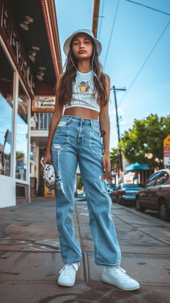 A trendy teen girl wearing high-waisted mom jeans paired with a cropped graphic tee and chunky white sneakers. She accessorizes with a bucket hat and a small crossbody bag