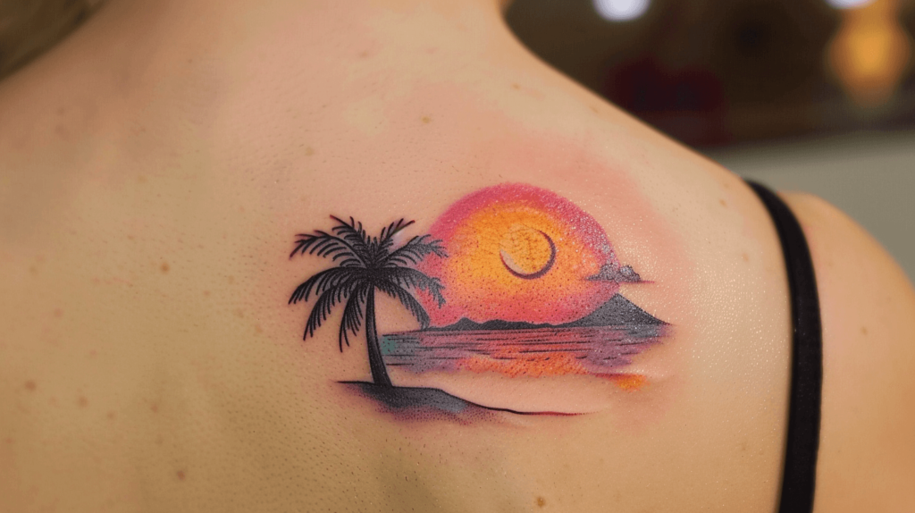 colored sunset tattoo on back shoulder of a woman with a blank tank top on