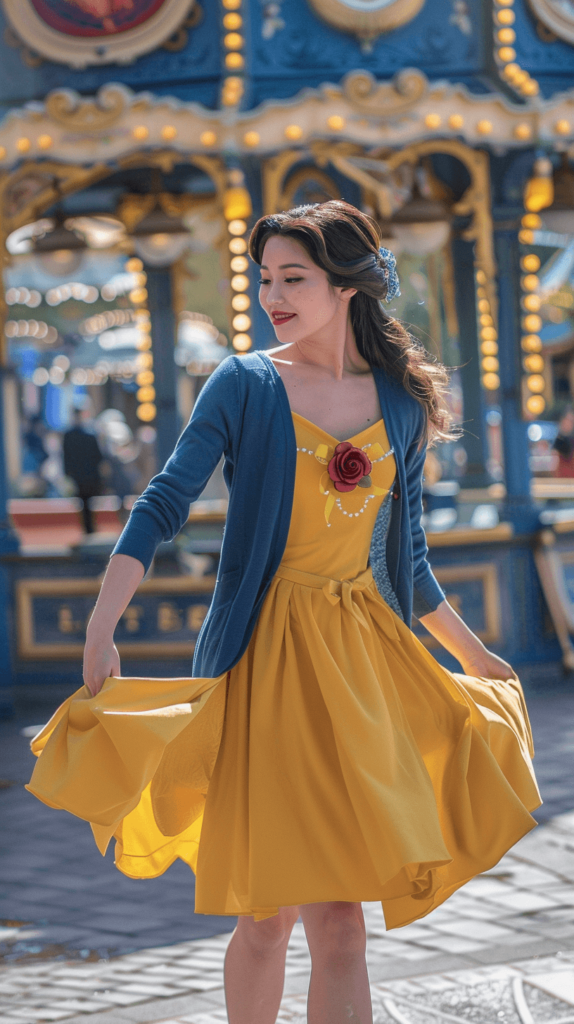 woman in a gold dress, with blue cardigan and red rose in the middle of the bodice