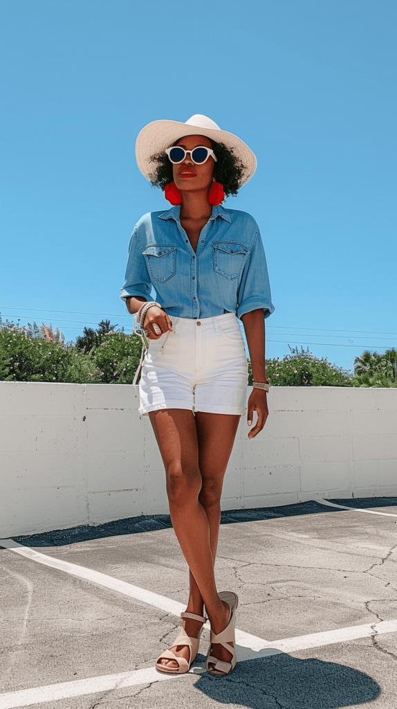 A woman in a blue chambray shirt tucked into white shorts, tan sandals, red statement earrings, and a white sunhat.

