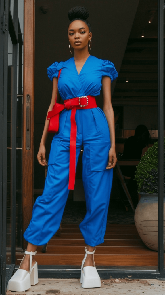 A woman in a blue jumpsuit with a cinched waist, white platform sandals, a red belt, and a red crossbody bag.
4th of July outfits.
