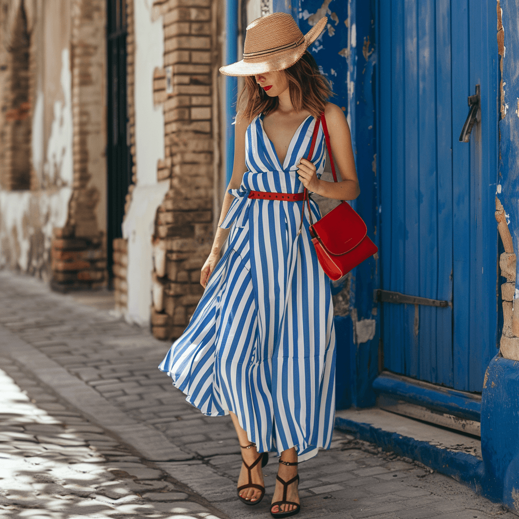 A woman in a blue and white striped maxi dress, brown gladiator sandals, a red crossbody bag, and a straw hat.

