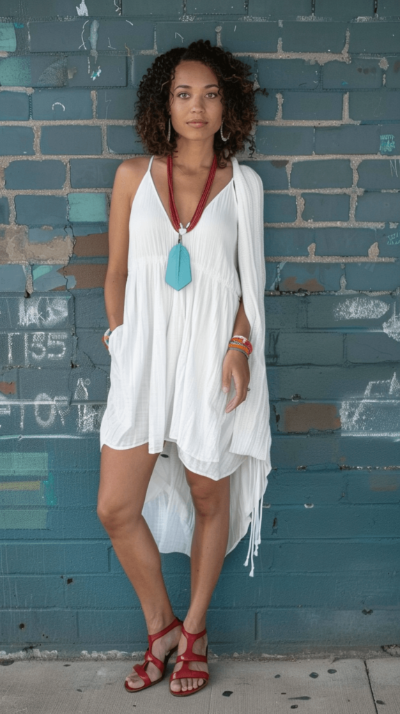 A woman in a white sundress with a flowy silhouette, red wedges, a blue statement necklace, and a white cardigan draped over her shoulders.

