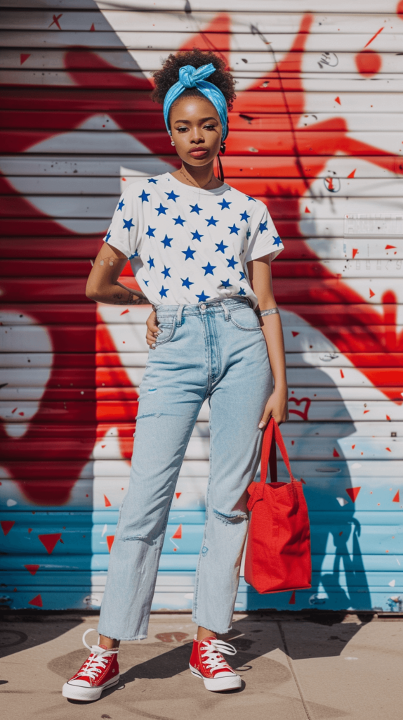 A woman in a white t-shirt with blue star prints, light-wash jeans, red Converse sneakers, a blue headband, and a red tote bag.

