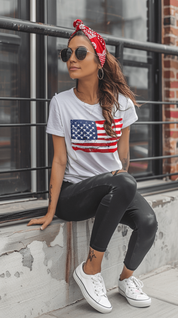 A woman wearing a patriotic graphic tee with an American flag design, black leggings, white slip-on sneakers, a red bandana tied as a headband, and aviator sunglasses.

