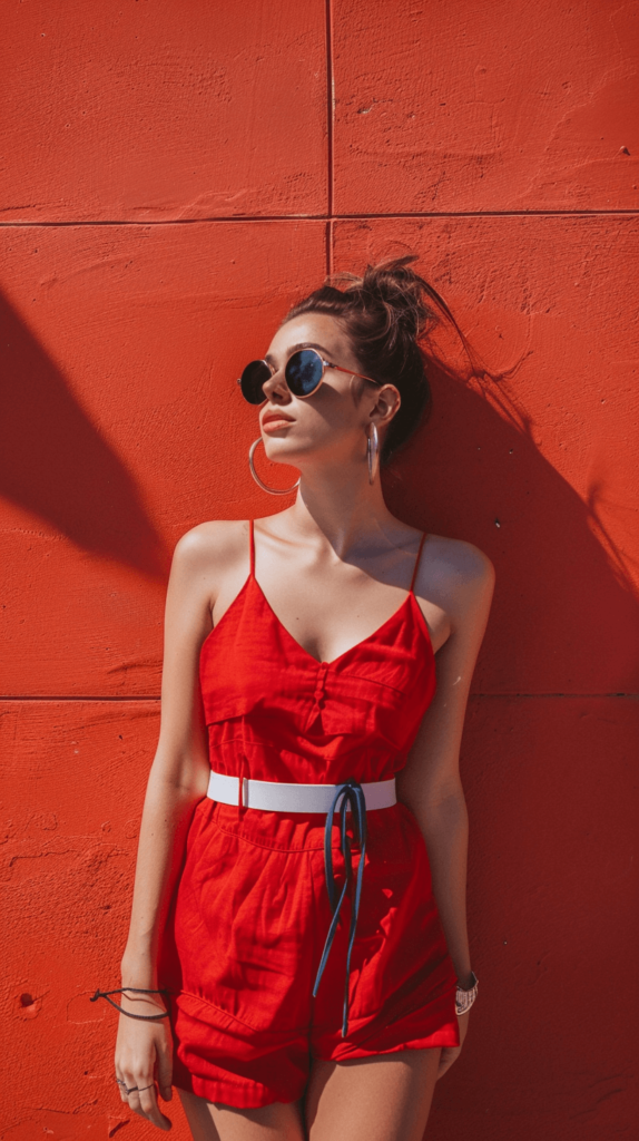 A woman wearing a red romper with adjustable straps, navy blue espadrilles, a white belt, and silver hoop earrings.

