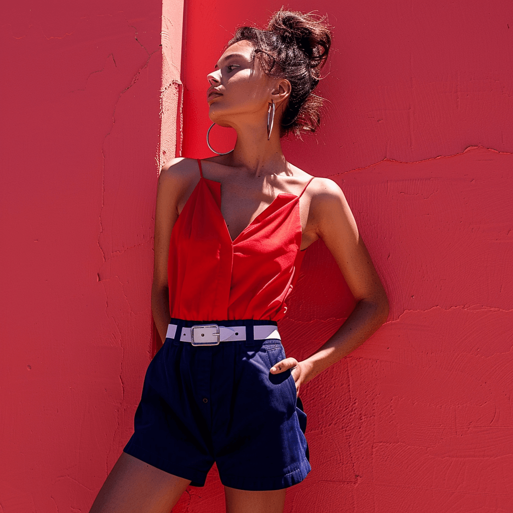 A woman wearing classic blue denim shorts and a red tank top, 4th of July outfits